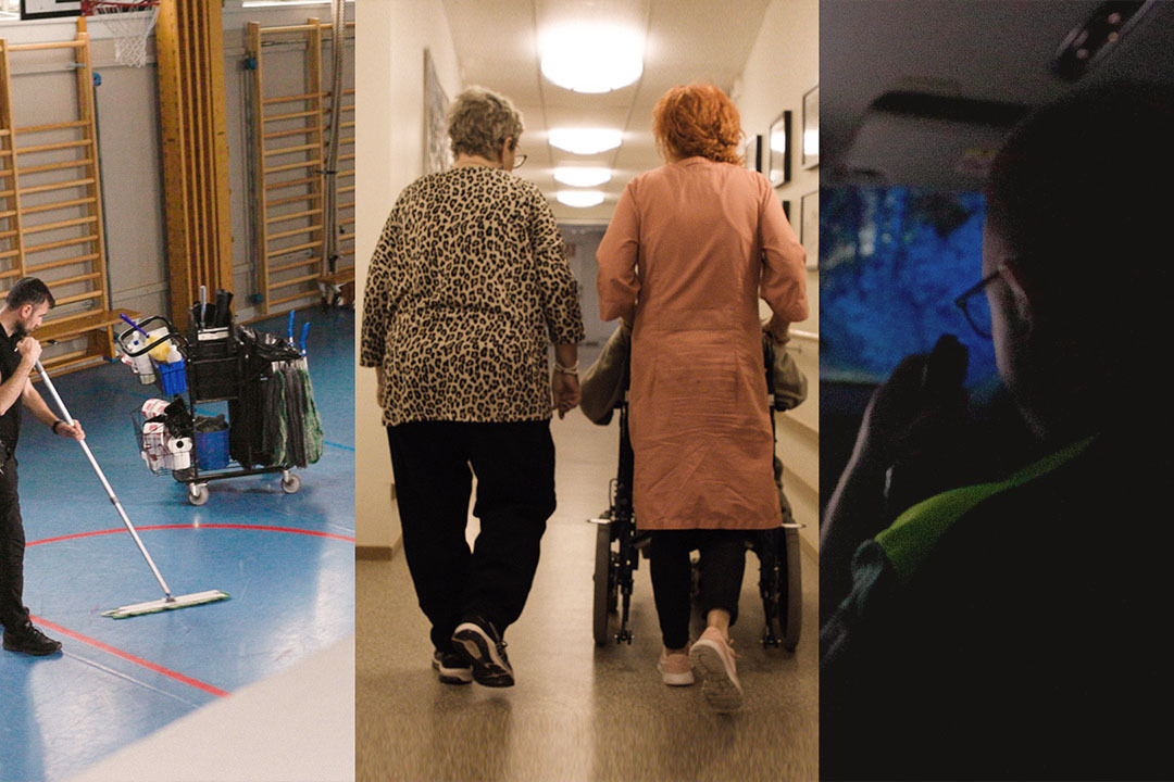 Fotokollage med tre bilder. En man som städar i en idrottshall. Två kvinnor som skjuter en rullstol. En man fotad snett bakifrån i en mörk bil.